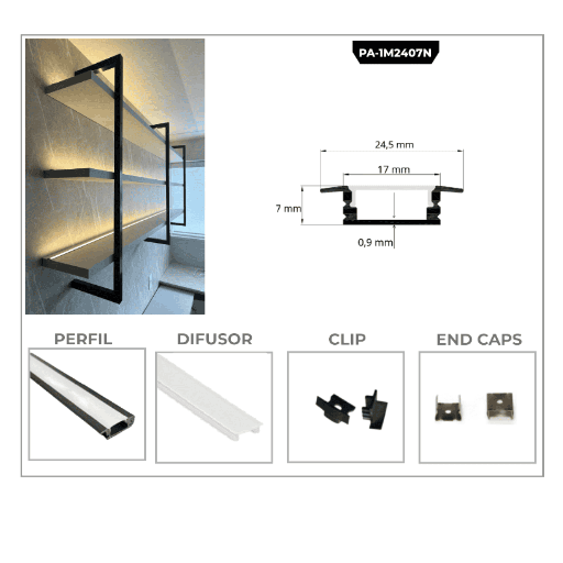 [PA-1M2407N] PERFIL DE ALUMINIO 1M*24*07MM NEGRO