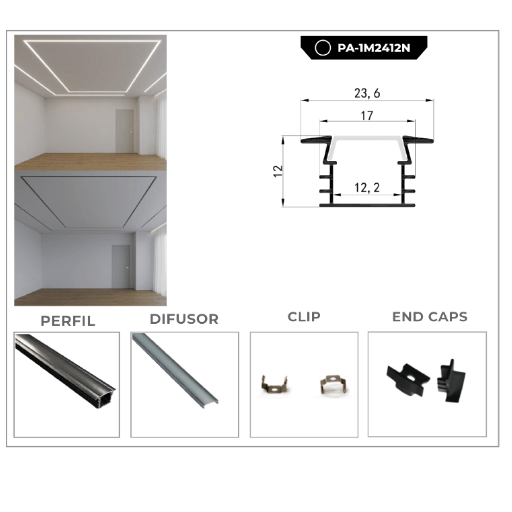 [PA-1M2412N] PERFIL DE ALUMINIO 1M*24*12MM NEGRO