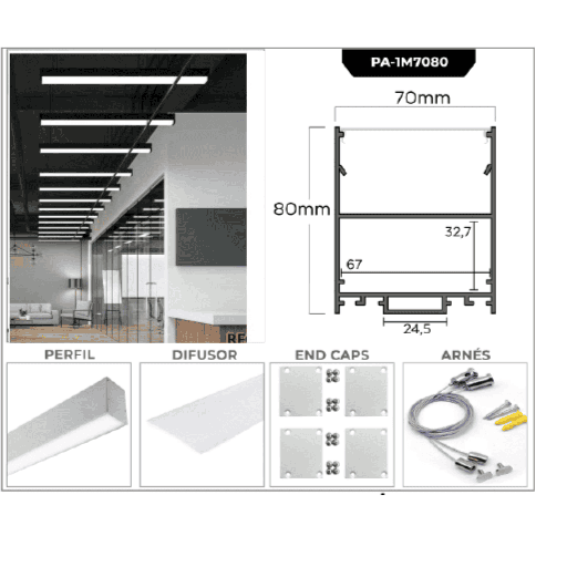 [PA-1M7080] PERFIL DE ALUMINIO 1M*70*80MM LUZ ARRIBA Y ABAJO