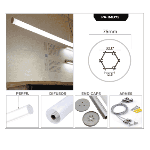 [PA-1MD75] PERFIL DE ALUMINIO 1M*D75 DIFUSOR CIRCULAR